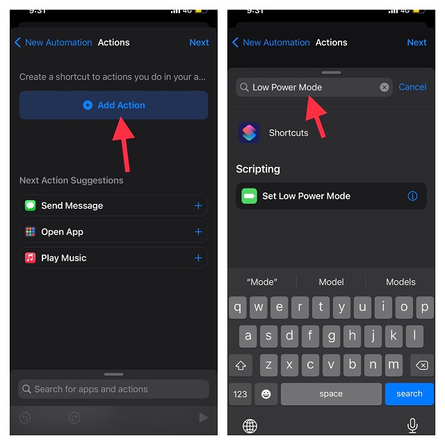 Tap Add Action and search for Low Power Mode