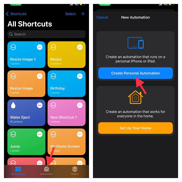 Tap Automation tab and select Create Personal Automation