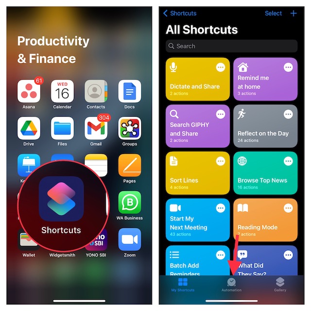Tap the Automation tab in the Shortcuts app