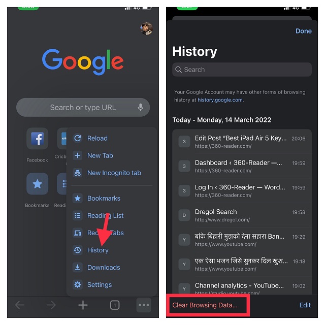 Tap History and select Clear Browsing data