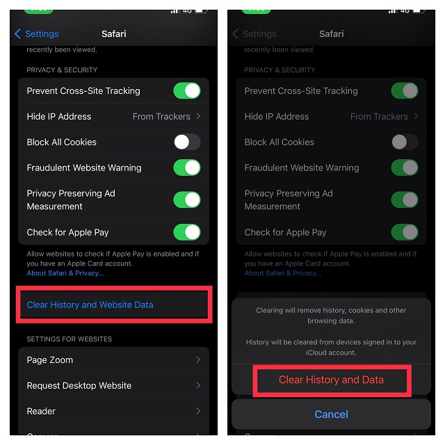 Tap Safari History and Website Data and Clear History and Data