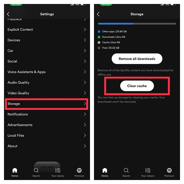 Tap Storage and Clear Cache