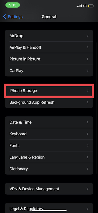 اضغط على تخزين iPhone في iOS