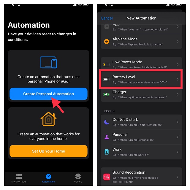 Tap on create personal automation and tap battery level