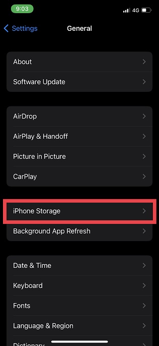 Tap on iPhone Storage