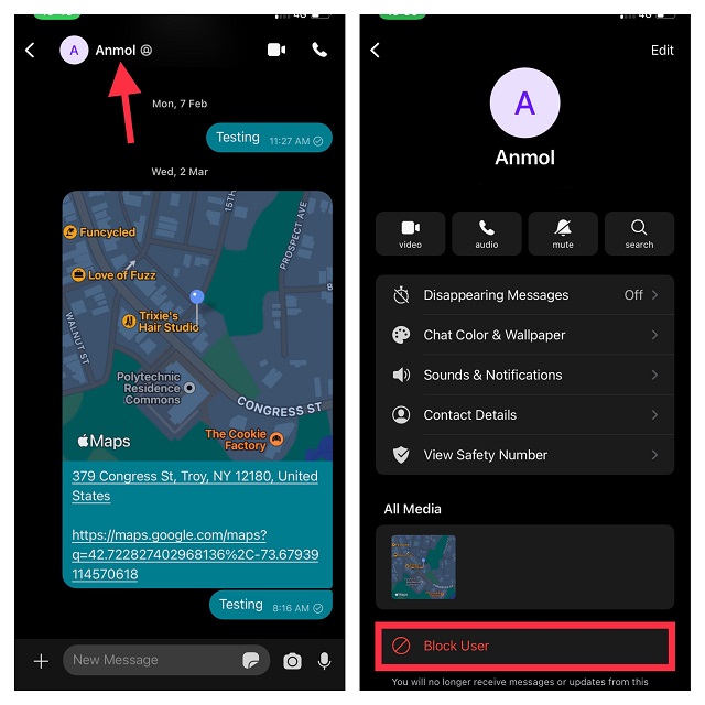 Tap on name and tap block user