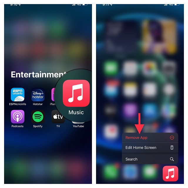 المس مع الاستمرار تطبيق الموسيقى وانقر على "إزالة التطبيق"-إزالة مشغل الموسيقى من شاشة قفل iPhone