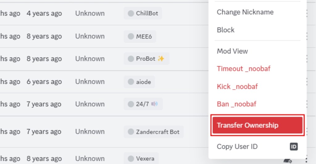 Transfer Ownership Option in Discord