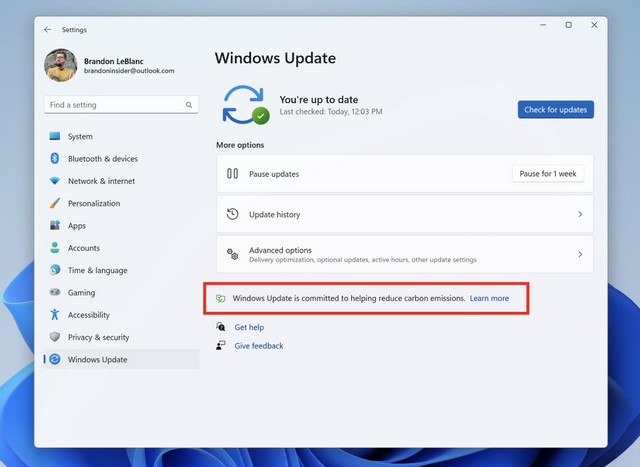 Windows 11 Build 22567 sustainable update page