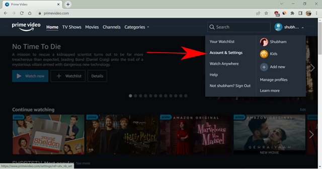 account and settings on prime video 