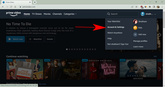 الحساب والإعدادات على Prime Video