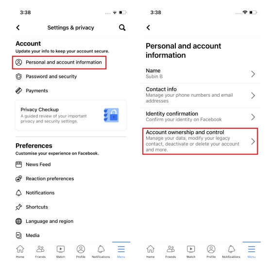 account ownership and control fb ios