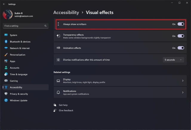 always show scrollbars windows 11