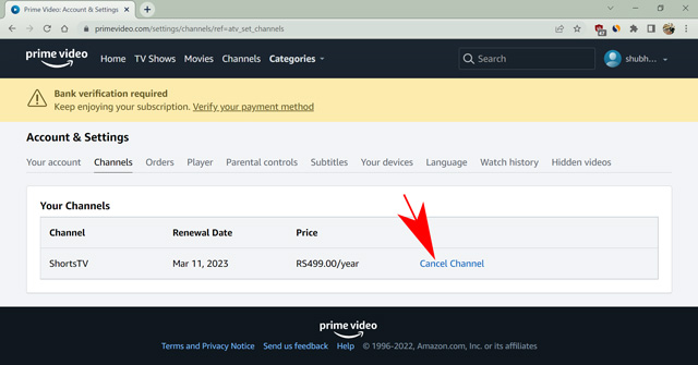 How to remove a shop channel from amazon prime