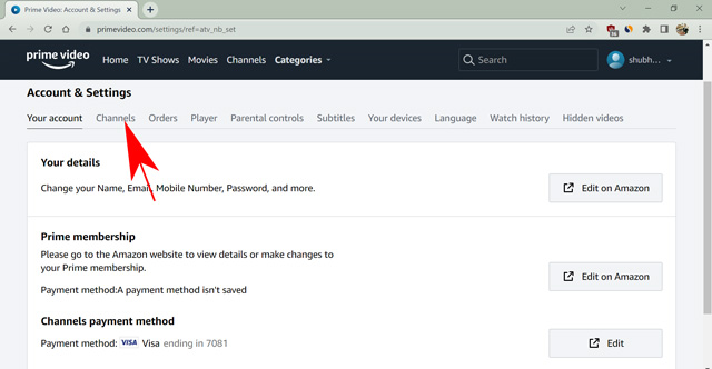 channel section in prime video website