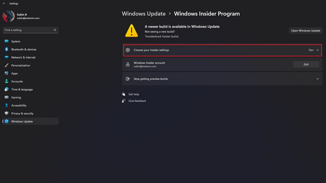 Wählen Sie Insider-Einstellungen Windows 11