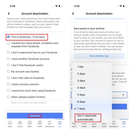 choose reason and turn off automatic reactivation