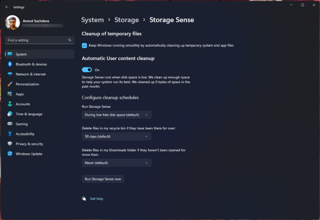 clear cache automatically with storage sense on windows 11