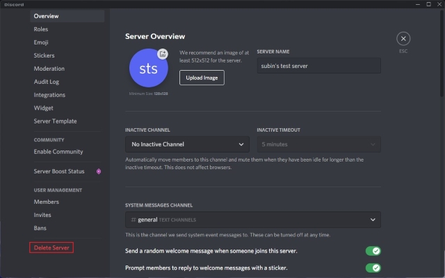 click delete server from left sidebar to remove Discord server