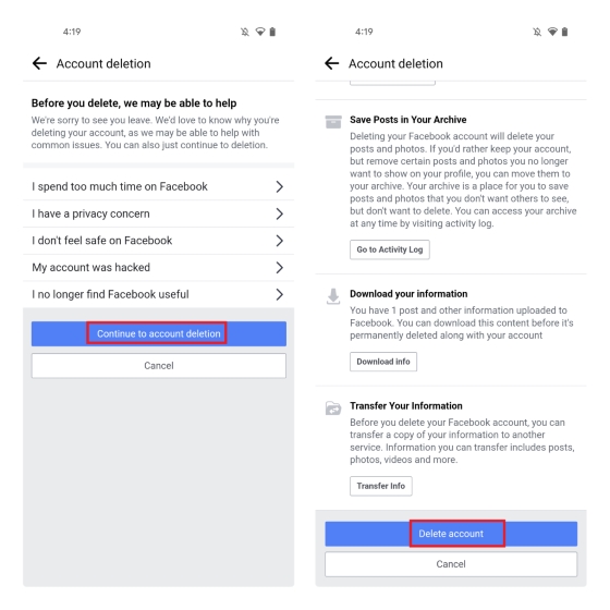 подтвердите удаление аккаунта fb android