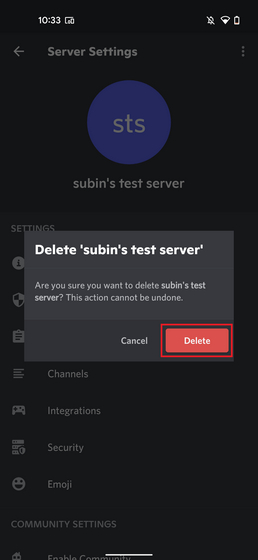 confirm deleting Discord server from mobile