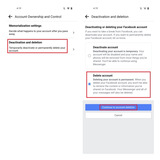 continue to account deletion fb android