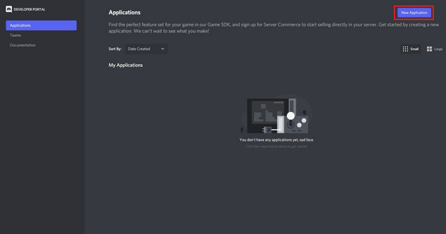 create new application discord