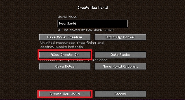 create world with cheats on Minecraft