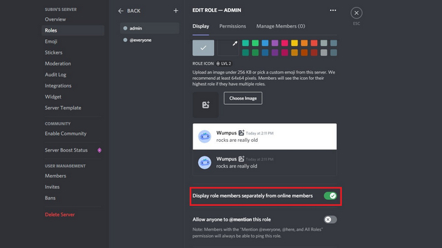 display role members separately to remove crown on Discord