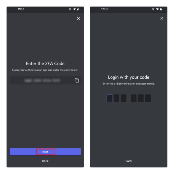 enter Discord Two-Factor Authentication code and login with code
