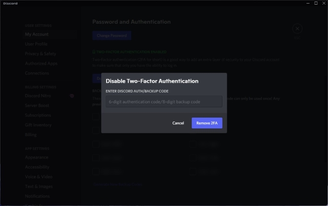 enter login code or password to remove 2fa