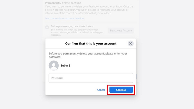 enter password to delete fb account