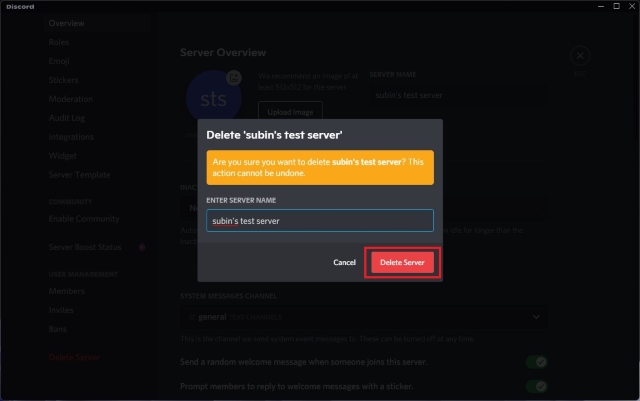 enter server name to delete discord server