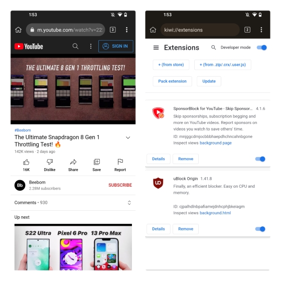 kiwi with ublock and sponsorblock as YouTube Vanced alternative