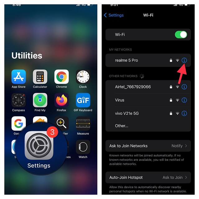 launch Settings App and tap on i button 