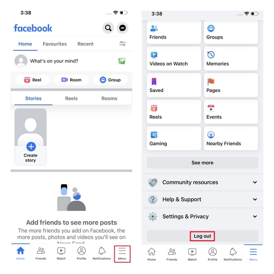 log out of your facebook account on iphone