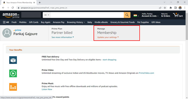 Manage Subscriptions section on Amazon Account