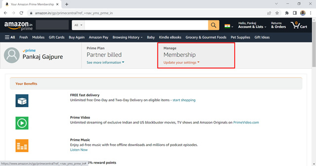 manage membership section on amazon account