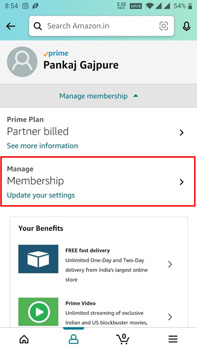 manage membership option on amazon smartphone app