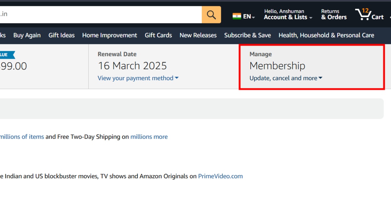 manage membership section on amazon account