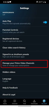 manage prime video channels on smartphone app