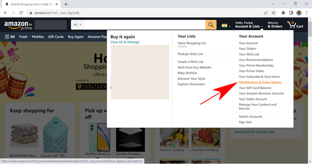 select membership and subscription in amazon account settings