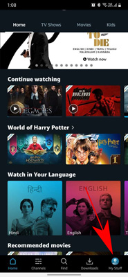 tap on my stuff in prime video smartphone application