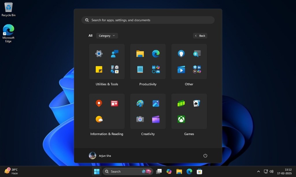 new start menu category view in windows 11