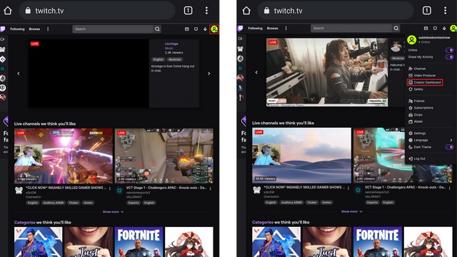 افتح لوحة تحكم المنشئ من twitch mobile