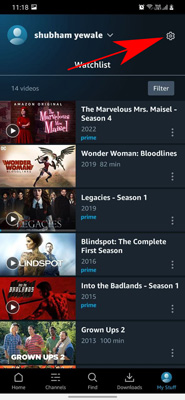 settings option in prime video Android app