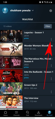 Options button on Prime Video smartphone app