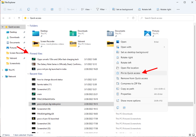 pinned files and folder in quick access