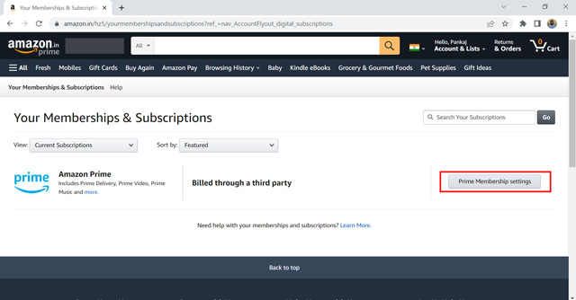 Amazon prime membership button