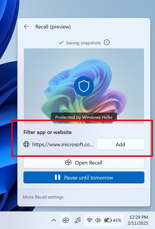 recall app or website filtering in system tray windows 11